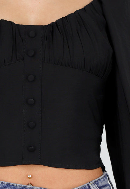 NEW040226 Zwarte Blouse met Lange Mouwen