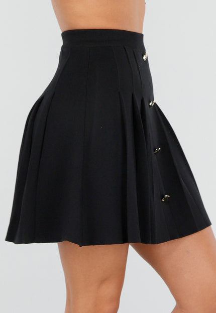 NEW040226 Zwarte Geplooide Rok met Sierknopen