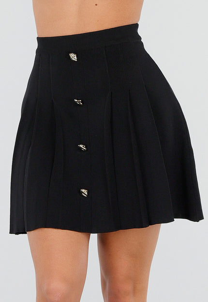 NEW040226 Zwarte Geplooide Rok met Sierknopen