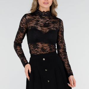 NEW040226 Zwarte Kanten Body met Lange Mouw