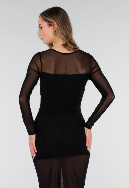 NEW040226 Zwarte Mesh Jurk met Lange Mouwen