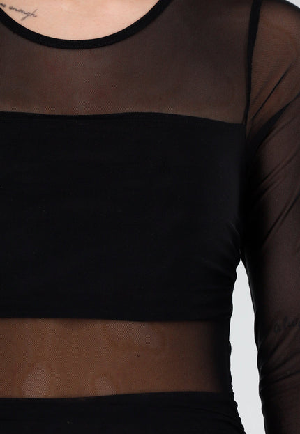 NEW040226 Zwarte Mesh Jurk met Lange Mouwen