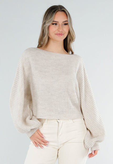 NEW040326 Beige Gebreide Trui met Ballonmouwen