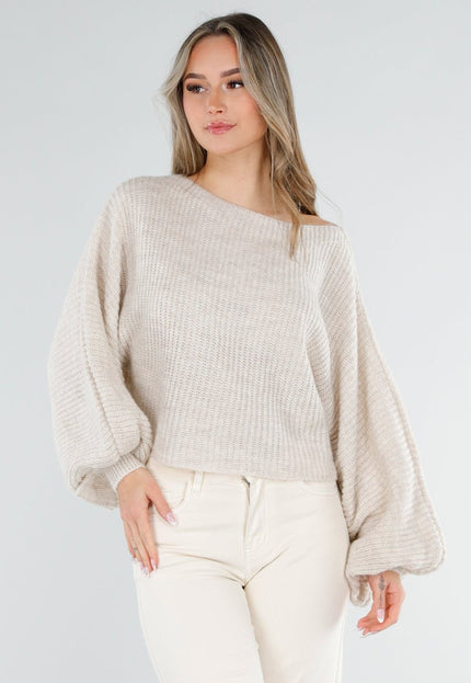 NEW040326 Beige Gebreide Trui met Ballonmouwen
