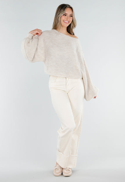 NEW040326 Beige Gebreide Trui met Ballonmouwen