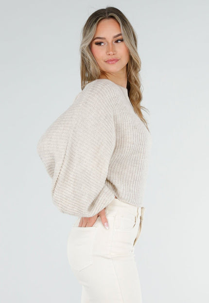 NEW040326 Beige Gebreide Trui met Ballonmouwen