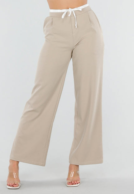 NEW040326 Beige Pantalon met Contrasterende Band