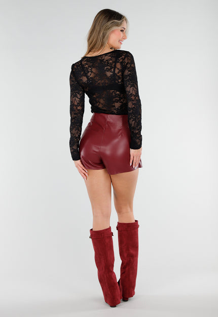 NEW040326 Bordeaux Lederlook Stretch Skort met Split