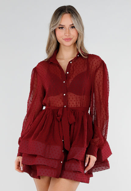 NEW040326 Bordeaux Mesh Jurk met Stippen