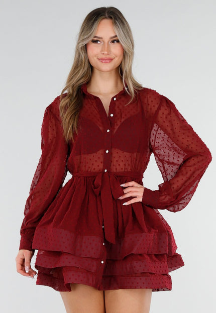 NEW040326 Bordeaux Mesh Jurk met Stippen