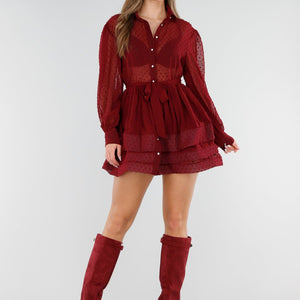 NEW040326 Bordeaux Mesh Jurk met Stippen