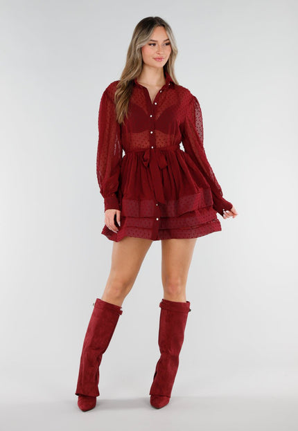 NEW040326 Bordeaux Mesh Jurk met Stippen