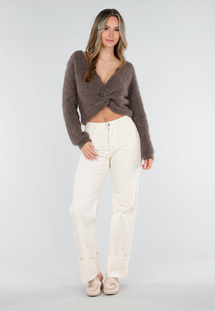 NEW040326 Bruine Gebreide Twist Crop Trui
