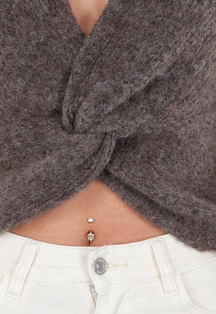 NEW040326 Bruine Gebreide Twist Crop Trui