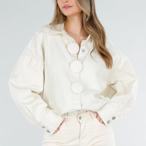 NEW040326 Crème Denim Blouse met Grote Knopen
