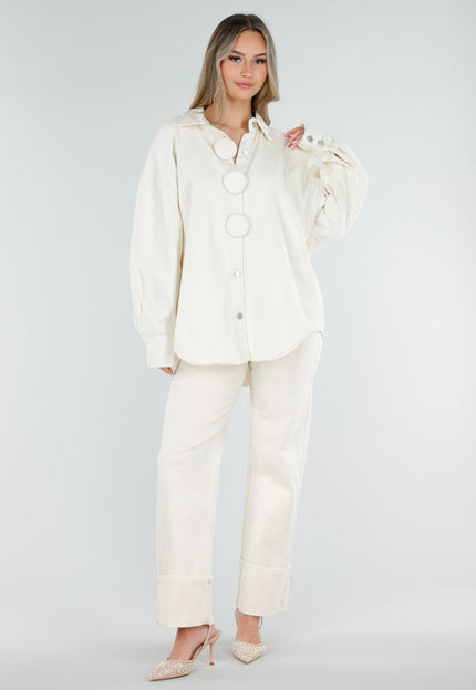 NEW040326 Crème Denim Blouse met Grote Knopen