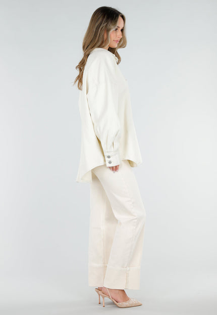 NEW040326 Crème Denim Blouse met Grote Knopen