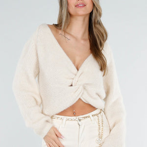 NEW040326 Crème Gebreide Twist Crop Trui