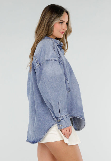 NEW040326 Denim Blauwe Blouse met Grote Knopen