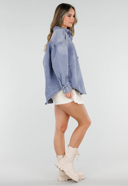 NEW040326 Denim Blauwe Blouse met Grote Knopen