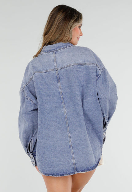 NEW040326 Denim Blauwe Blouse met Grote Knopen