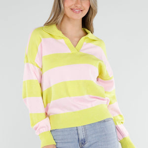 NEW040326 Geel Roze Gestreepte Trui met Kraag