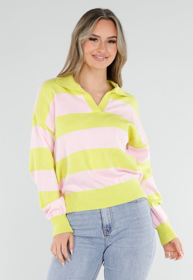 NEW040326 Geel Roze Gestreepte Trui met Kraag