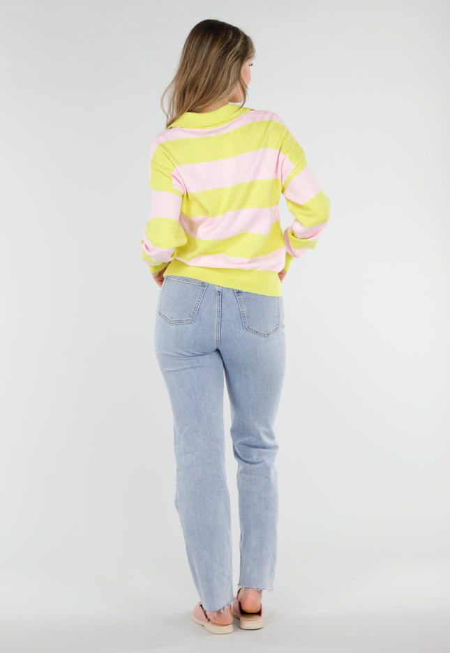 NEW040326 Geel Roze Gestreepte Trui met Kraag