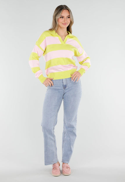 NEW040326 Geel Roze Gestreepte Trui met Kraag