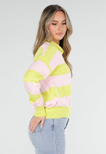 NEW040326 Geel Roze Gestreepte Trui met Kraag
