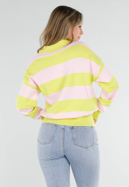 NEW040326 Geel Roze Gestreepte Trui met Kraag