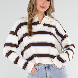 NEW040326 Gestreepte Polo Trui in Blauw en Beige