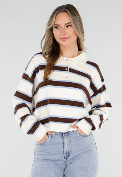 NEW040326 Gestreepte Polo Trui in Blauw en Beige