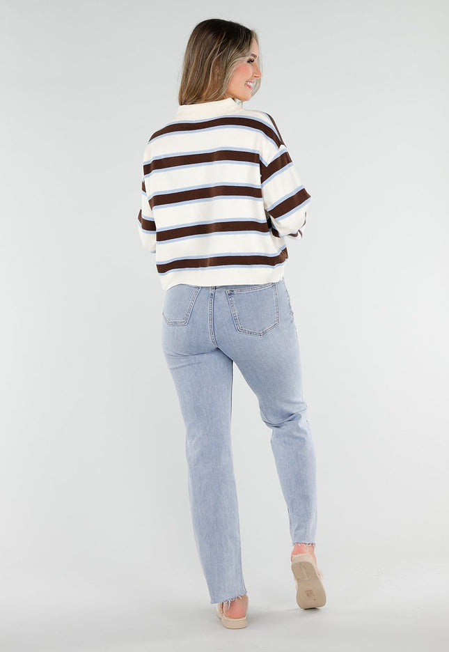 NEW040326 Gestreepte Polo Trui in Blauw en Beige