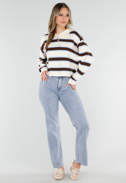 NEW040326 Gestreepte Polo Trui in Blauw en Beige