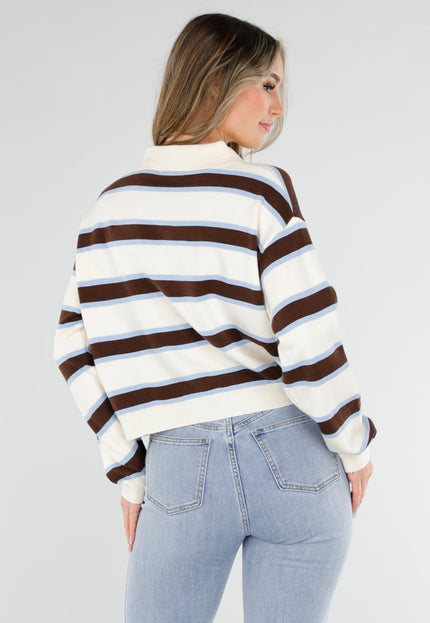 NEW040326 Gestreepte Polo Trui in Blauw en Beige