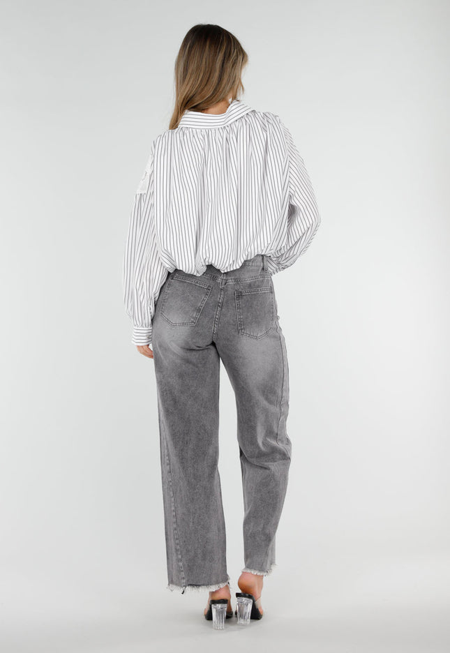 NEW040326 Grijs Gestreepte Cropped Blouse