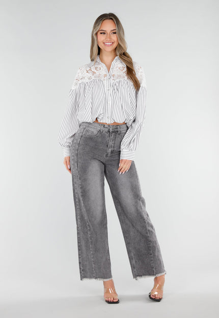 NEW040326 Grijs Gestreepte Cropped Blouse