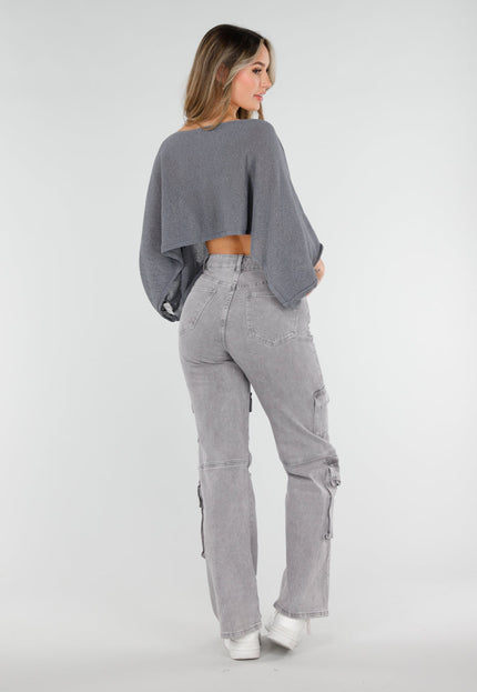 NEW040326 Grijze Cropped Top met Vleermuismouwen