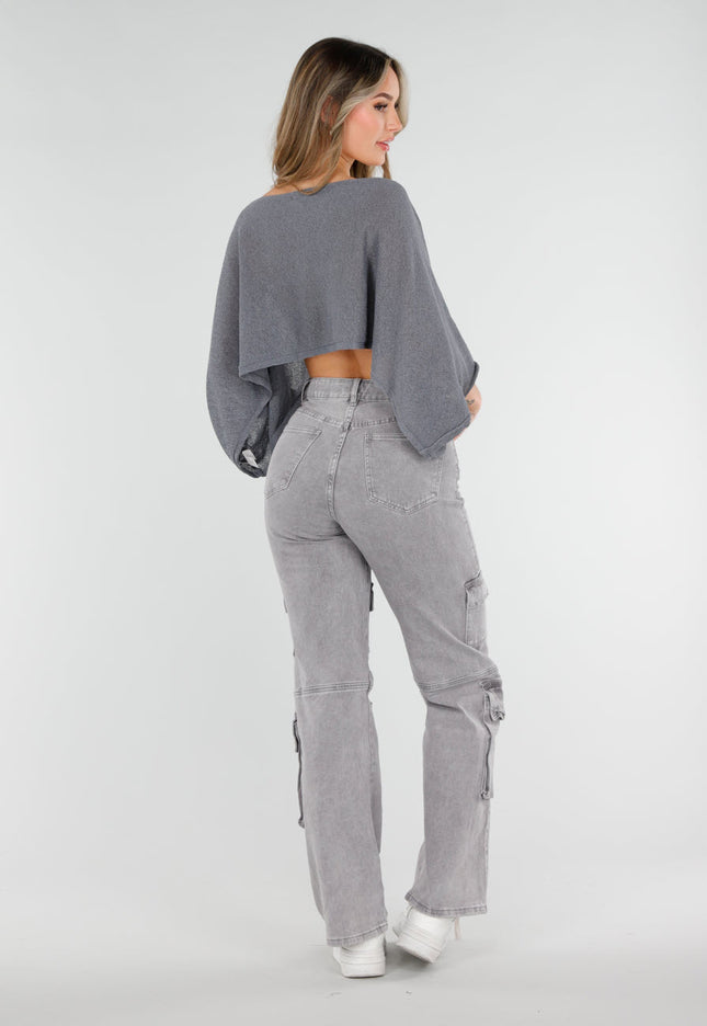 NEW040326 Grijze Cropped Top met Vleermuismouwen