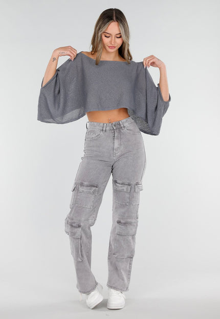 NEW040326 Grijze Cropped Top met Vleermuismouwen
