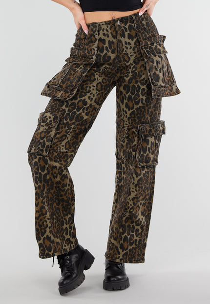 NEW040326 Leopard Print Cargo Broek met Stretch