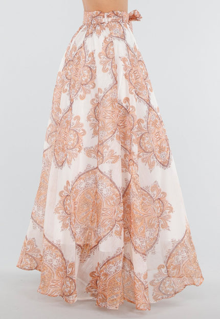 NEW040326 Oranje Maxi Rok met Paisley Print