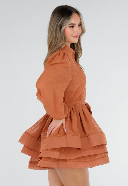 NEW040326 Roestkleurige Mesh Jurk met Stippen