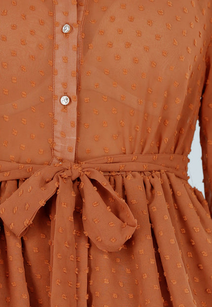 NEW040326 Roestkleurige Mesh Jurk met Stippen