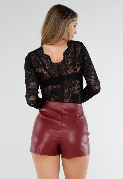 NEW040326 Zwarte Kanten Top met Lange Mouwen