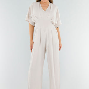 NEW040625 Beige Jumpsuit met Wijde Pijpen en Zakken