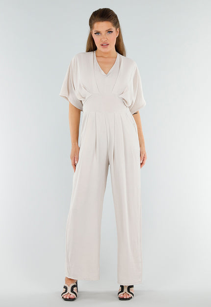 NEW040625 Beige Jumpsuit met Wijde Pijpen en Zakken