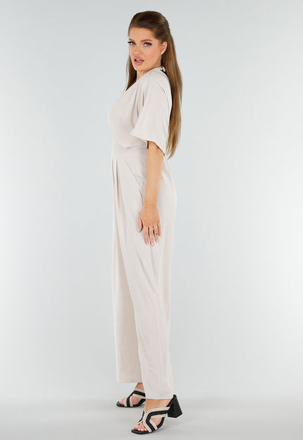 NEW040625 Beige Jumpsuit met Wijde Pijpen en Zakken