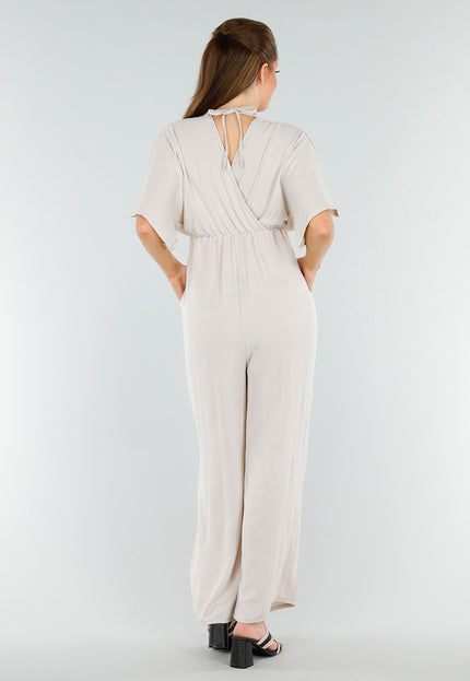 NEW040625 Beige Jumpsuit met Wijde Pijpen en Zakken